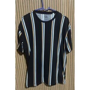 Mens Black Vertical Stripe Short Sleeve Crew Neck Tee L Large Original Gothic